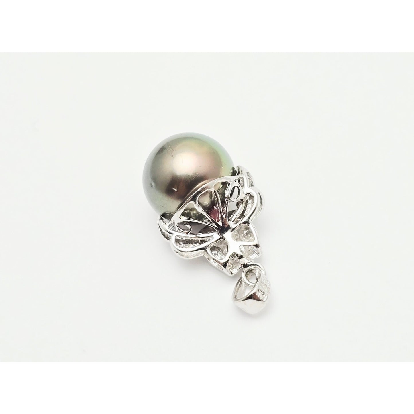 14K White Gold Tahitian Pearl & Diamond Drop Dangle Charm Pendant