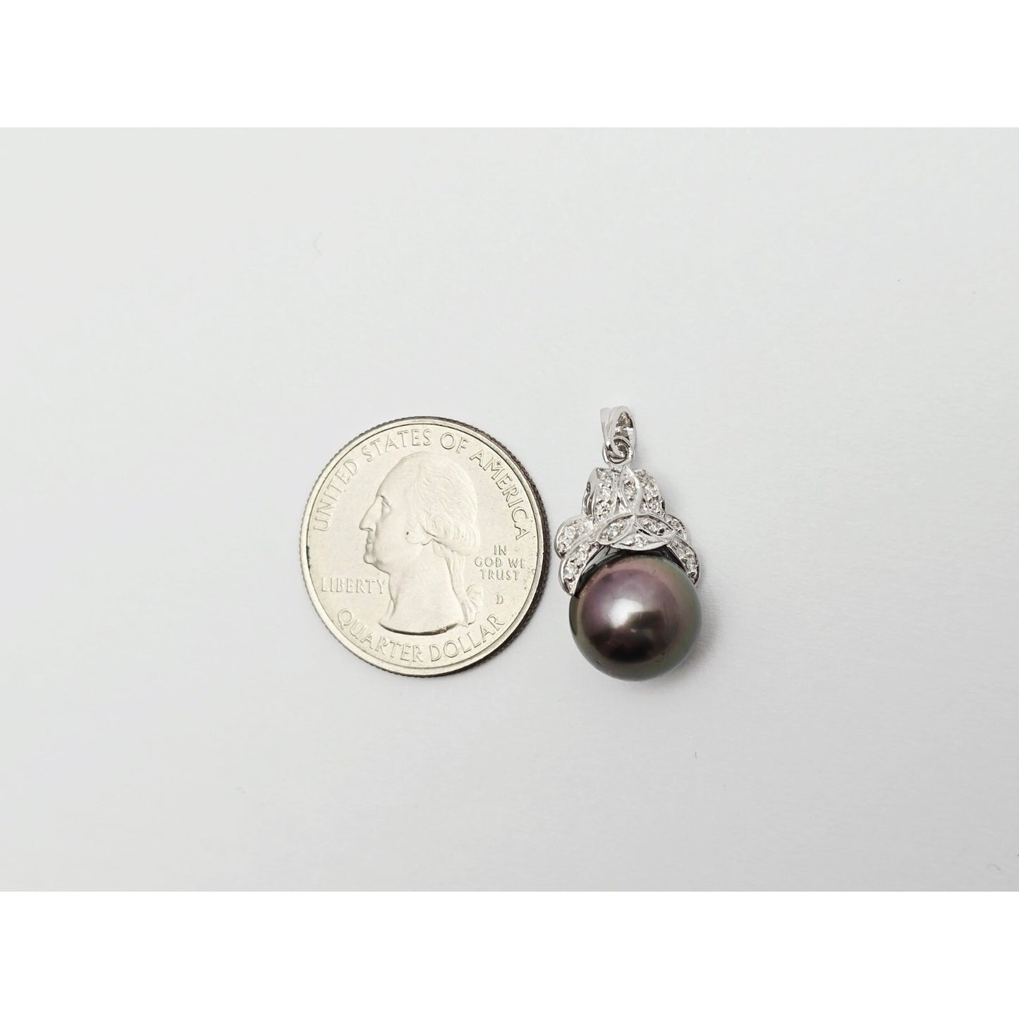 14K White Gold Tahitian Pearl & Diamond Drop Dangle Charm Pendant