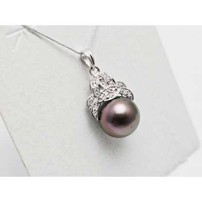 14K White Gold Tahitian Pearl & Diamond Drop Dangle Charm Pendant