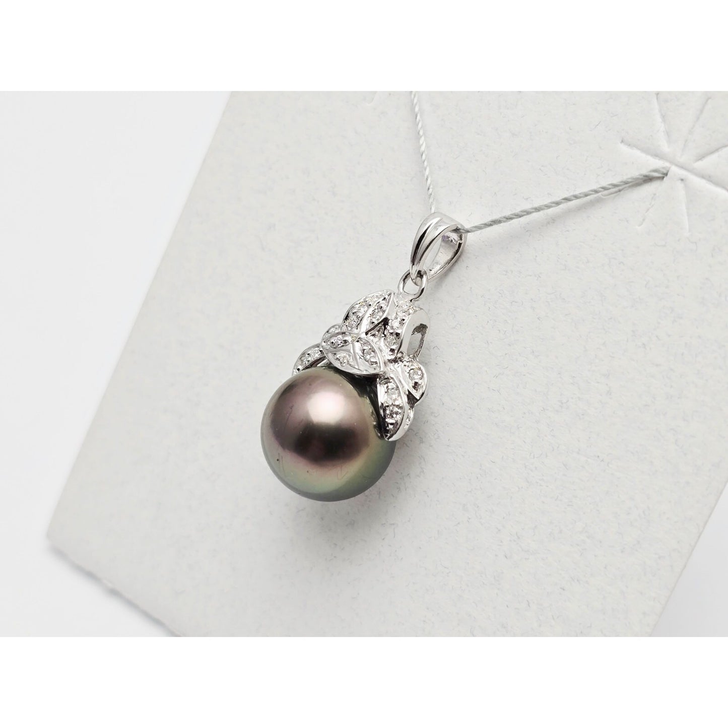 14K White Gold Tahitian Pearl & Diamond Drop Dangle Charm Pendant