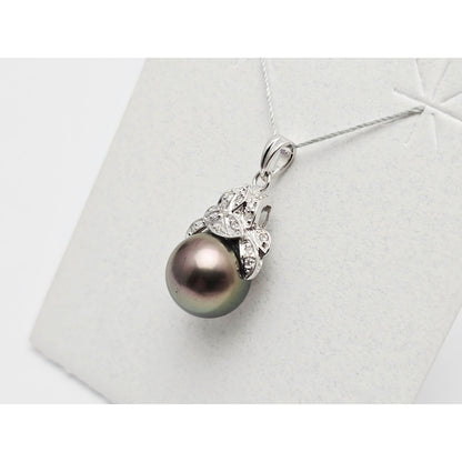 14K White Gold Tahitian Pearl & Diamond Drop Dangle Charm Pendant