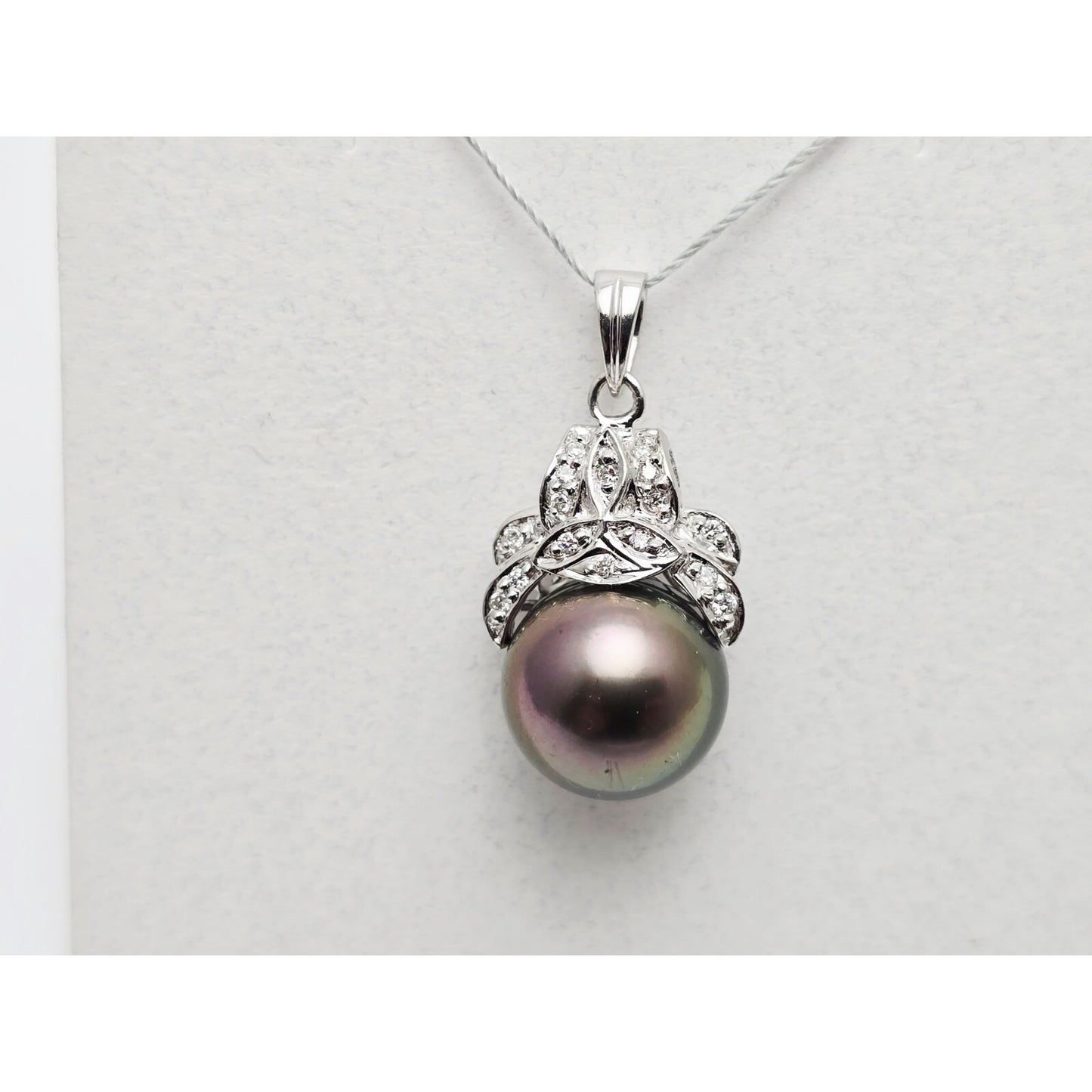 14K White Gold Tahitian Pearl & Diamond Drop Dangle Charm Pendant