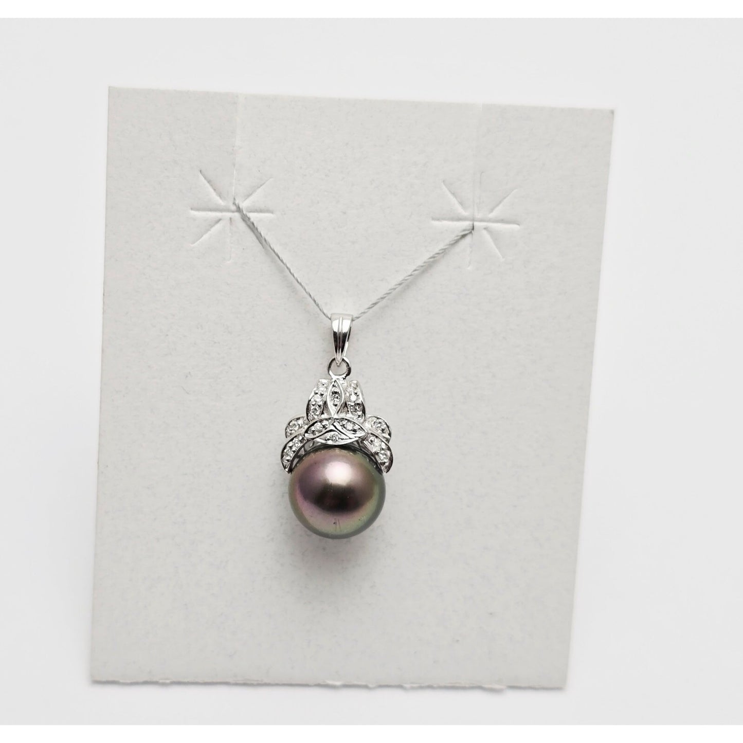 14K White Gold Tahitian Pearl & Diamond Drop Dangle Charm Pendant