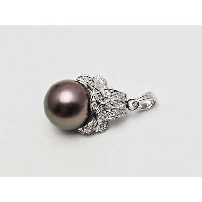 14K White Gold Tahitian Pearl & Diamond Drop Dangle Charm Pendant