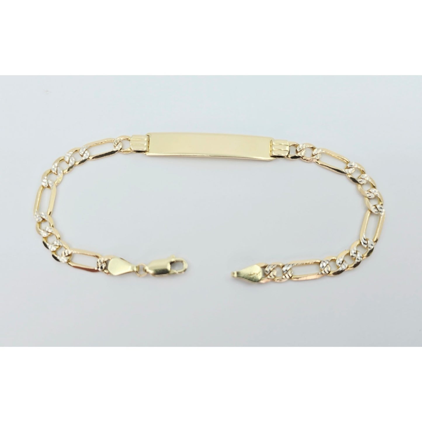 14K Two Tone Gold Diamond Cut Figaro Link ID Bracelet