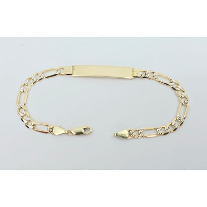 14K Two Tone Gold Diamond Cut Figaro Link ID Bracelet