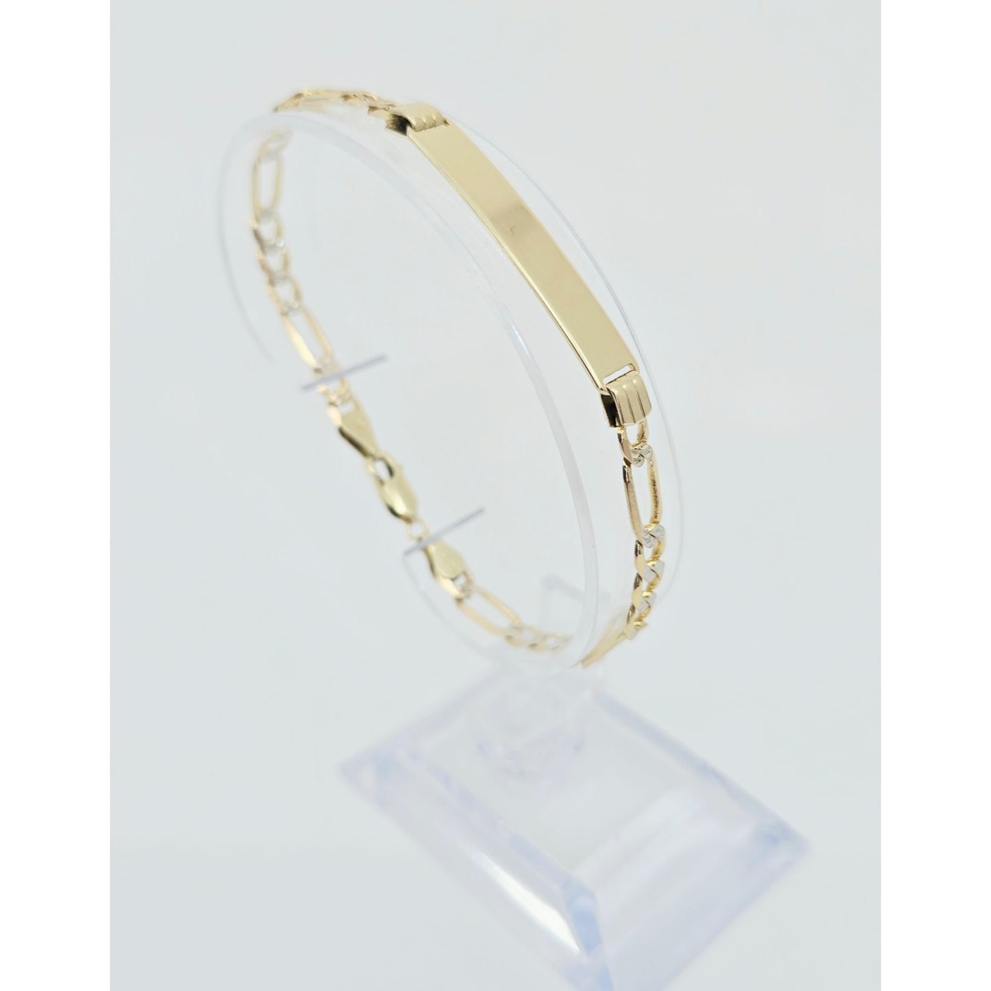 14K Two Tone Gold Diamond Cut Figaro Link ID Bracelet