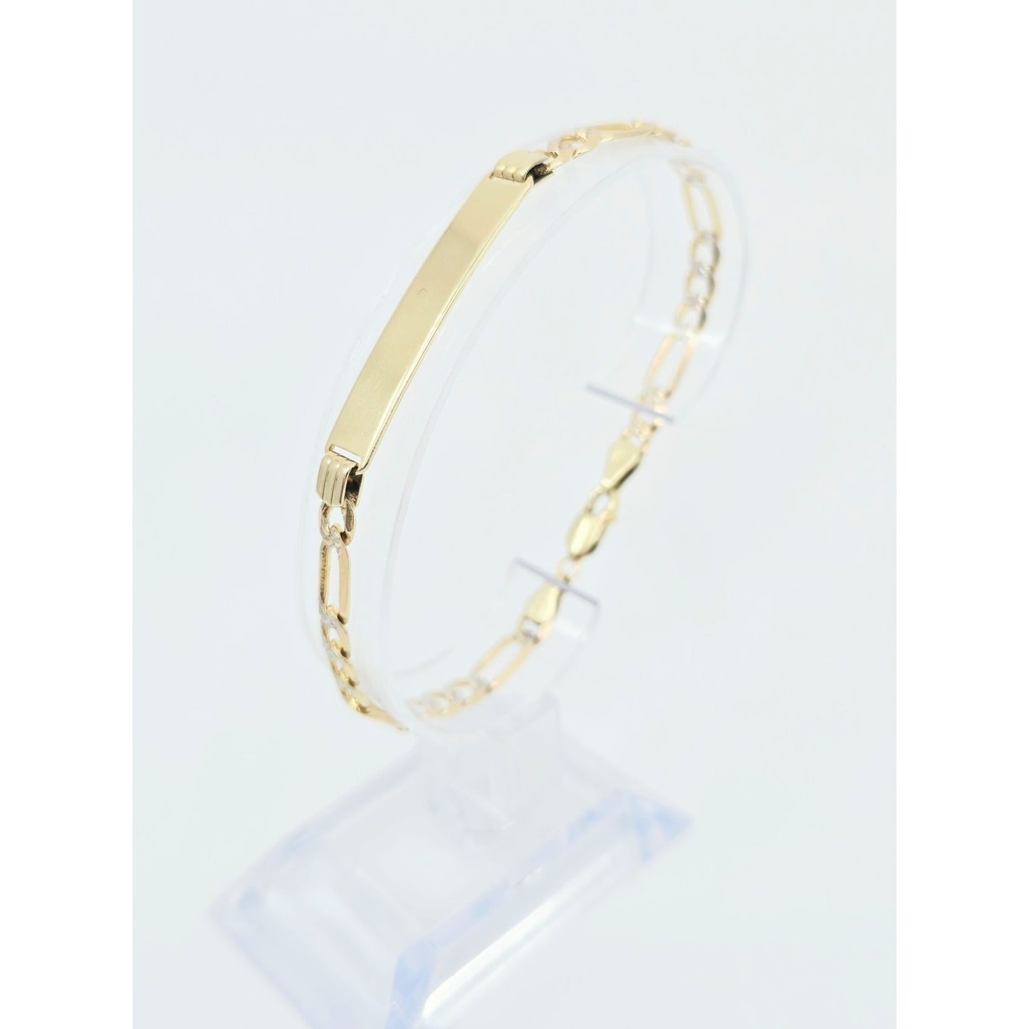 14K Two Tone Gold Diamond Cut Figaro Link ID Bracelet