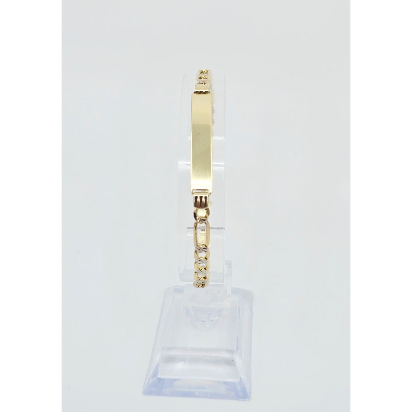 14K Two Tone Gold Diamond Cut Figaro Link ID Bracelet