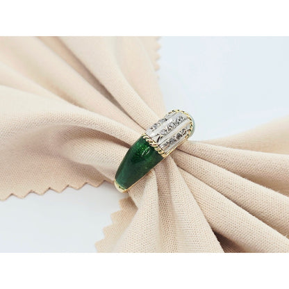 Vintage 18K Two Tone Gold Green Enamel Raw Uncut Diamond Ring
