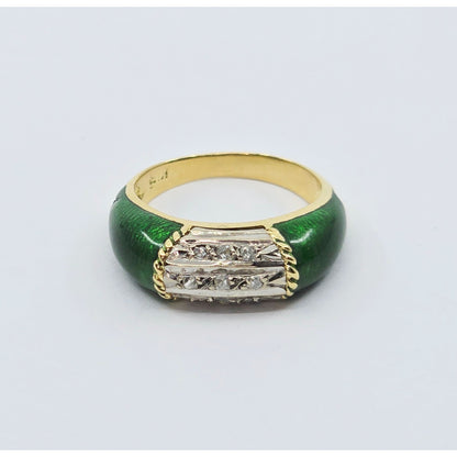 Vintage 18K Two Tone Gold Green Enamel Raw Uncut Diamond Ring