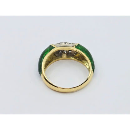 Vintage 18K Two Tone Gold Green Enamel Raw Uncut Diamond Ring