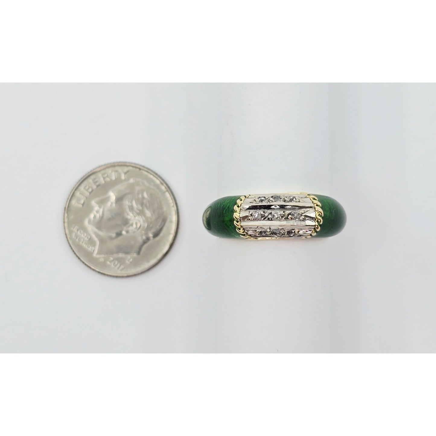 Vintage 18K Two Tone Gold Green Enamel Raw Uncut Diamond Ring