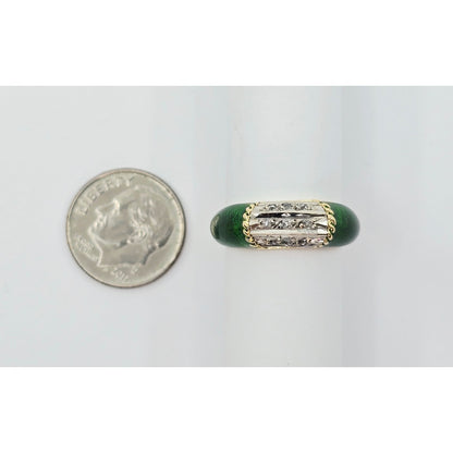 Vintage 18K Two Tone Gold Green Enamel Raw Uncut Diamond Ring