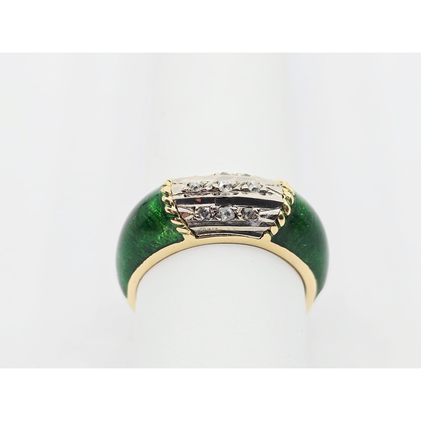 Vintage 18K Two Tone Gold Green Enamel Raw Uncut Diamond Ring
