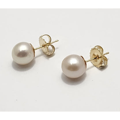 14K Yellow Gold Round Pearl Stud Earrings