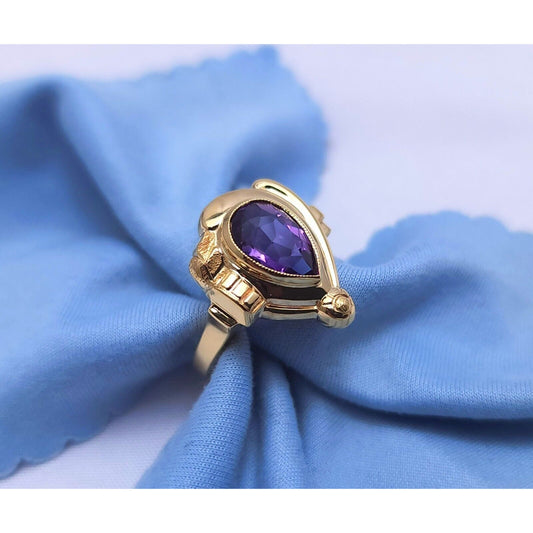 14K Yellow Gold Teardrop Pear Amethyst Ring