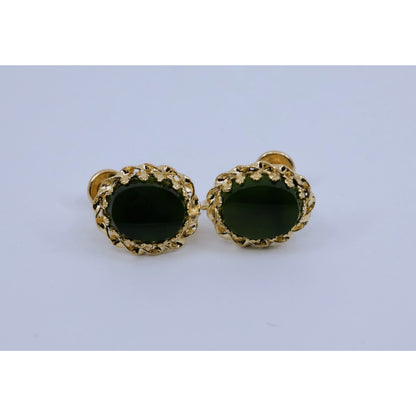 14K Yellow Gold Hinged Screw Back Non-Pierced Jade Jadeite Earrings