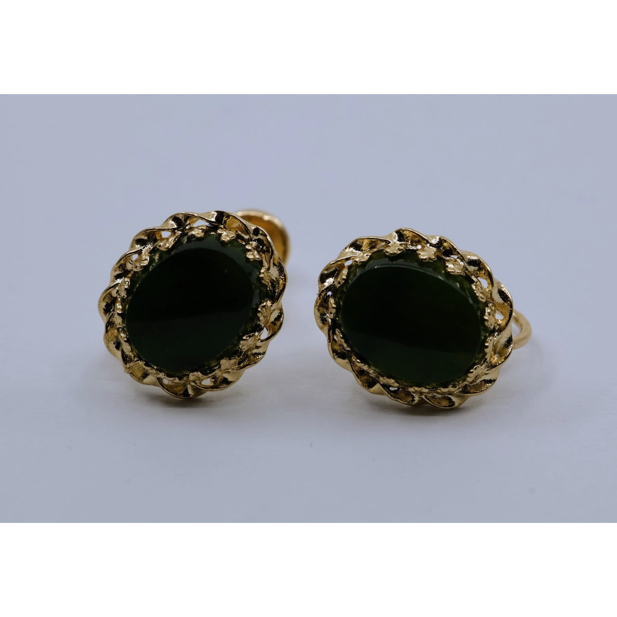 14K Yellow Gold Hinged Screw Back Non-Pierced Jade Jadeite Earrings