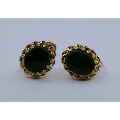 14K Yellow Gold Hinged Screw Back Non-Pierced Jade Jadeite Earrings
