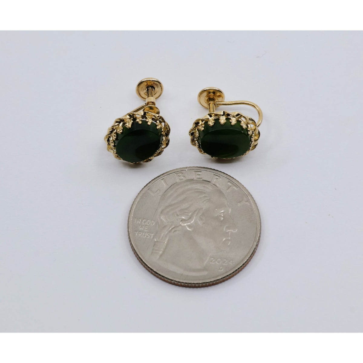 14K Yellow Gold Hinged Screw Back Non-Pierced Jade Jadeite Earrings