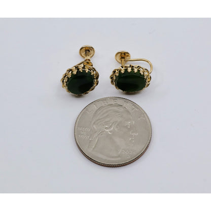 14K Yellow Gold Hinged Screw Back Non-Pierced Jade Jadeite Earrings