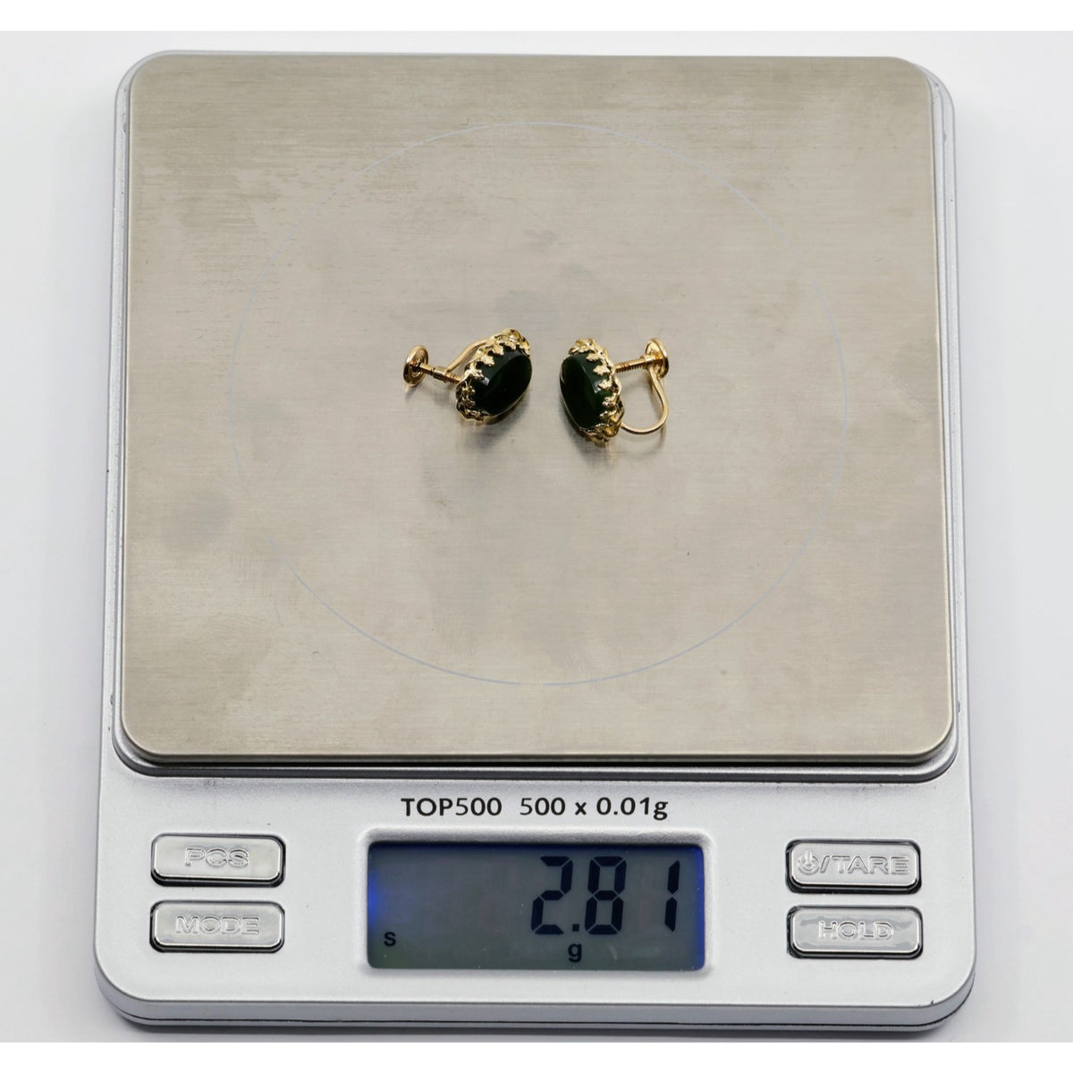 14K Yellow Gold Hinged Screw Back Non-Pierced Jade Jadeite Earrings