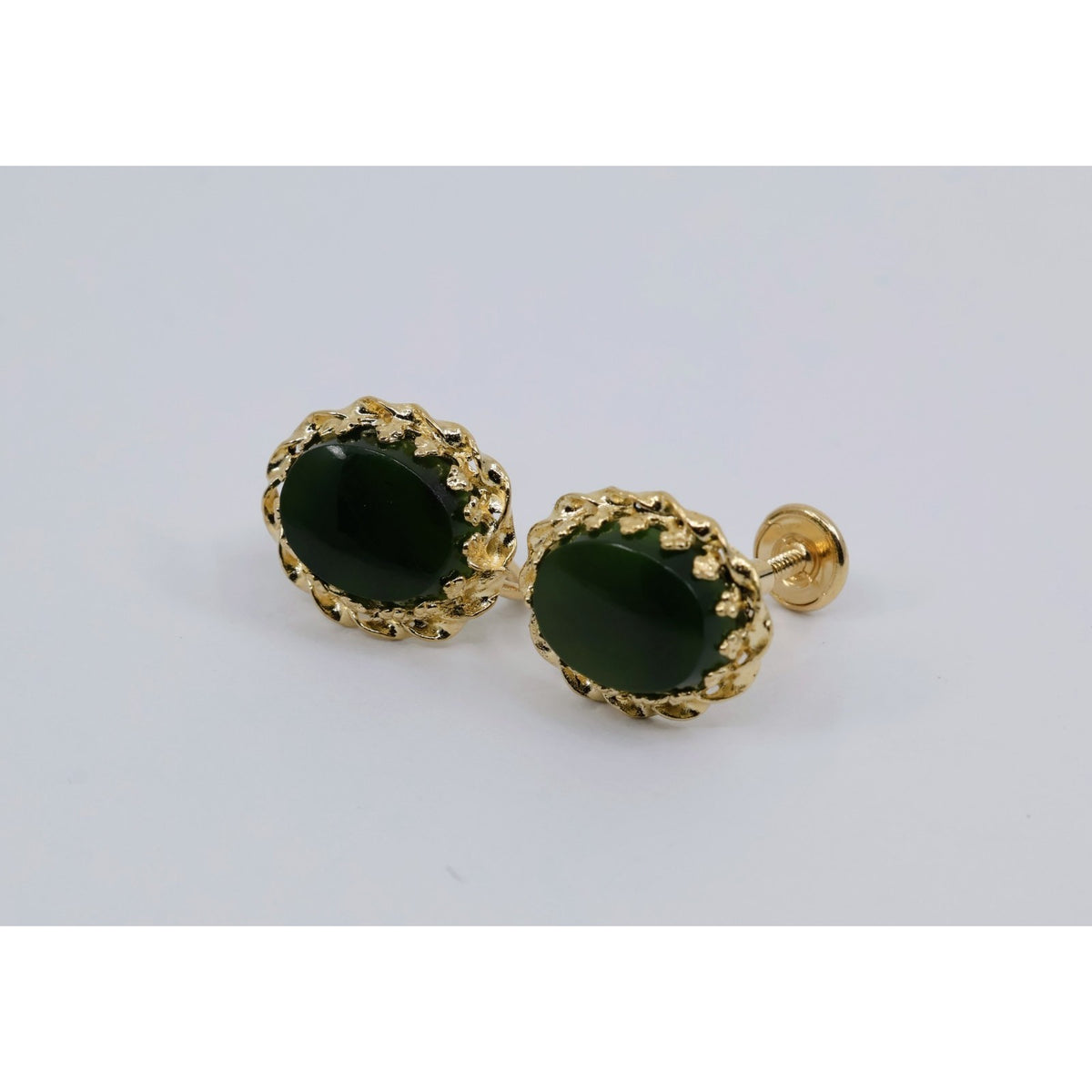 14K Yellow Gold Hinged Screw Back Non-Pierced Jade Jadeite Earrings