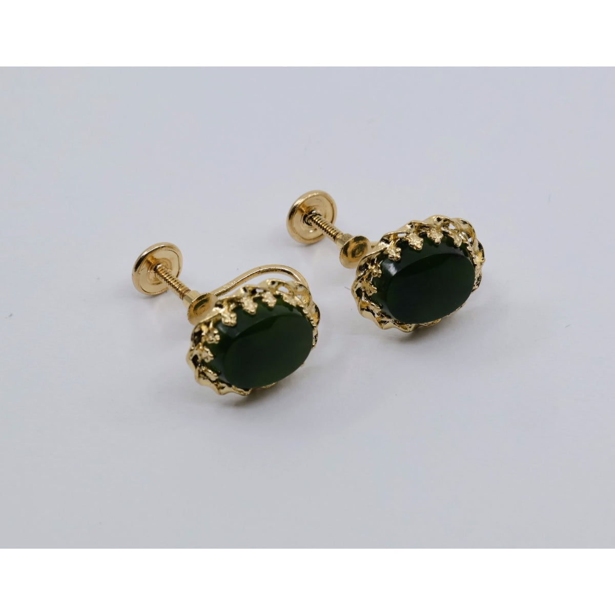 14K Yellow Gold Hinged Screw Back Non-Pierced Jade Jadeite Earrings