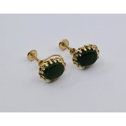 14K Yellow Gold Hinged Screw Back Non-Pierced Jade Jadeite Earrings