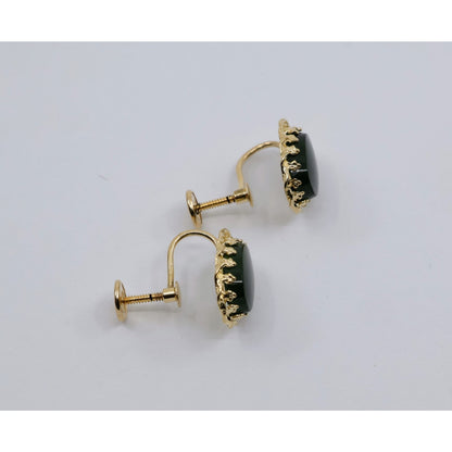 14K Yellow Gold Hinged Screw Back Non-Pierced Jade Jadeite Earrings