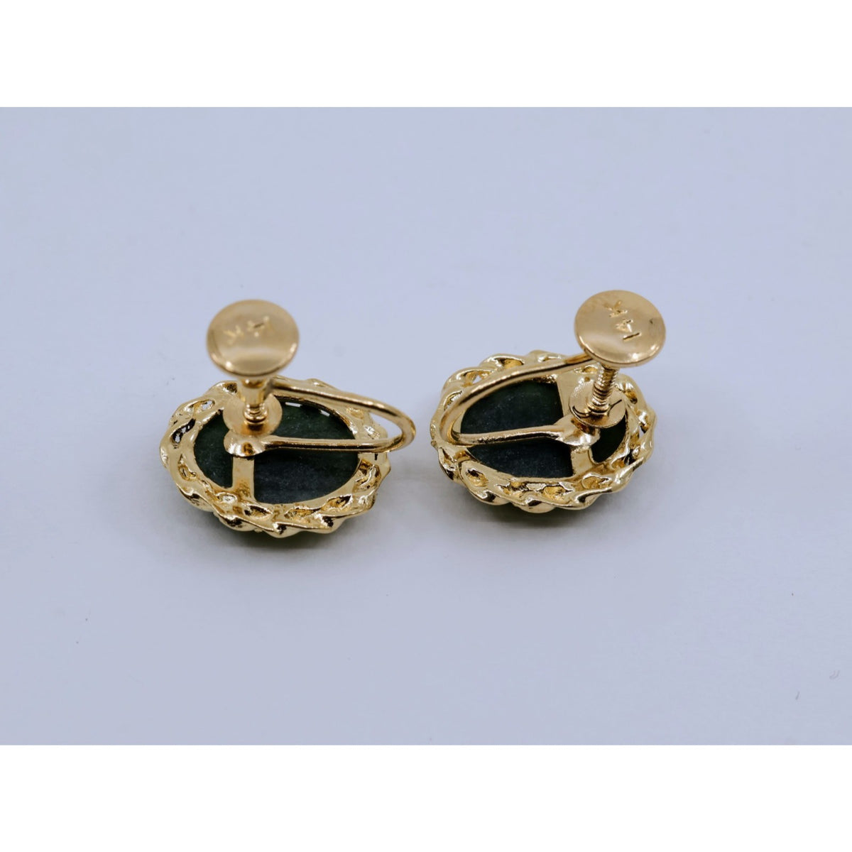 14K Yellow Gold Hinged Screw Back Non-Pierced Jade Jadeite Earrings