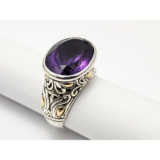 Sterling Silver 925 18K Yellow Gold Two Tone Multi Color Large Amethyst Ring