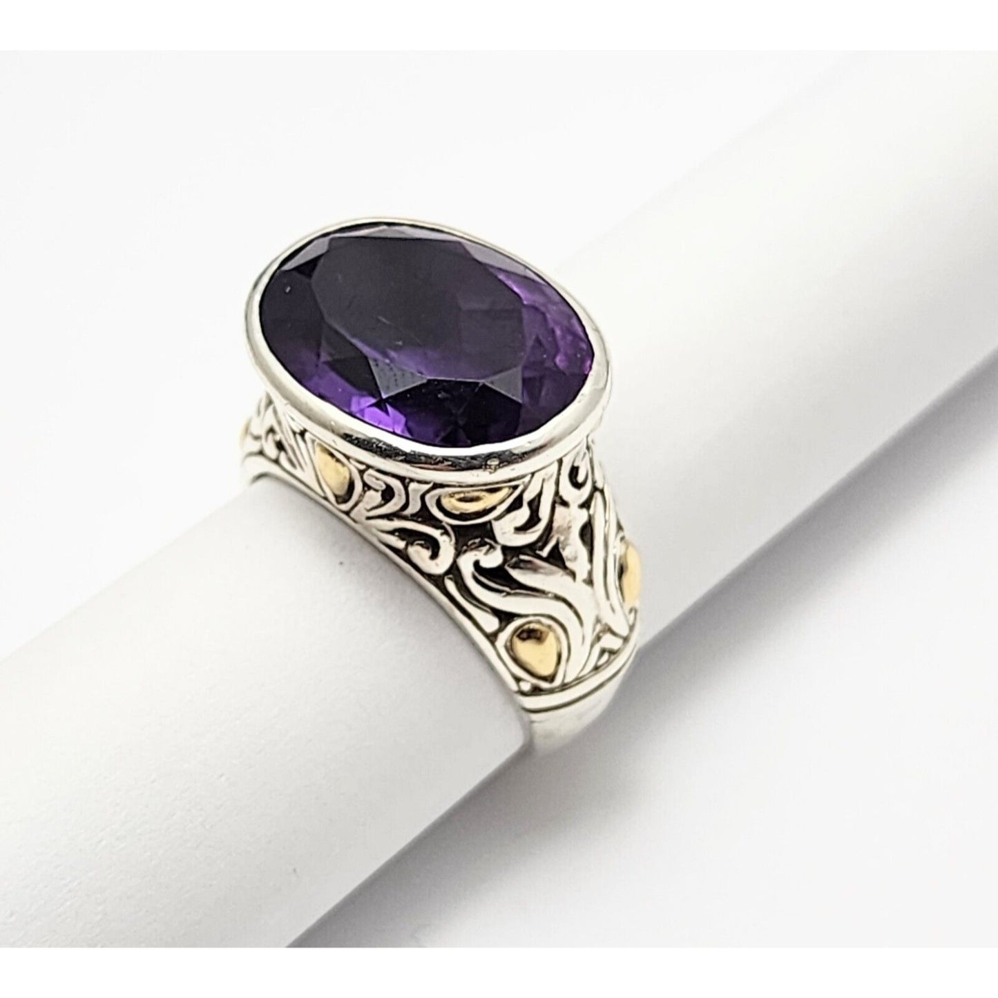 Sterling Silver 925 18K Yellow Gold Two Tone Multi Color Large Amethyst Ring