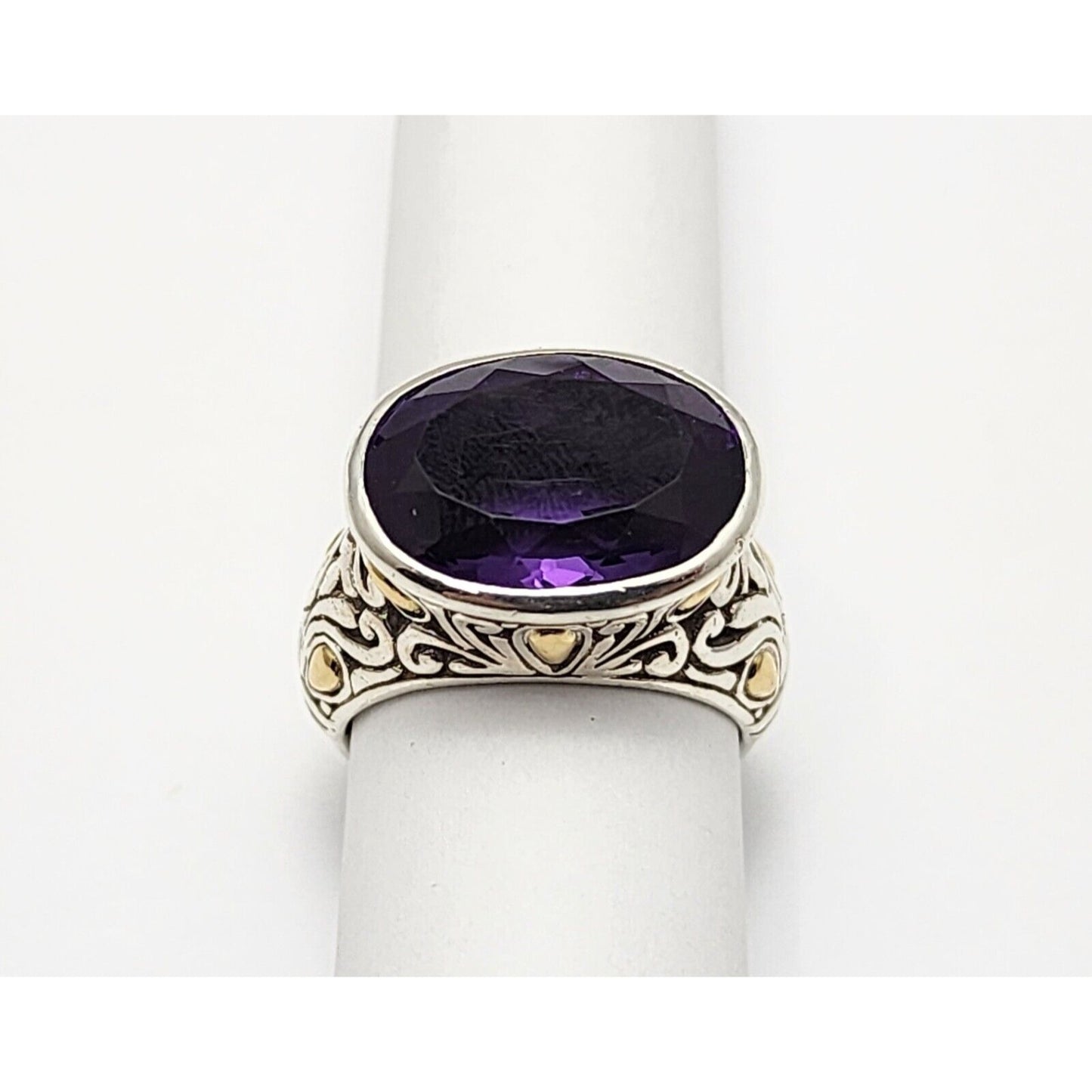 Sterling Silver 925 18K Yellow Gold Two Tone Multi Color Large Amethyst Ring