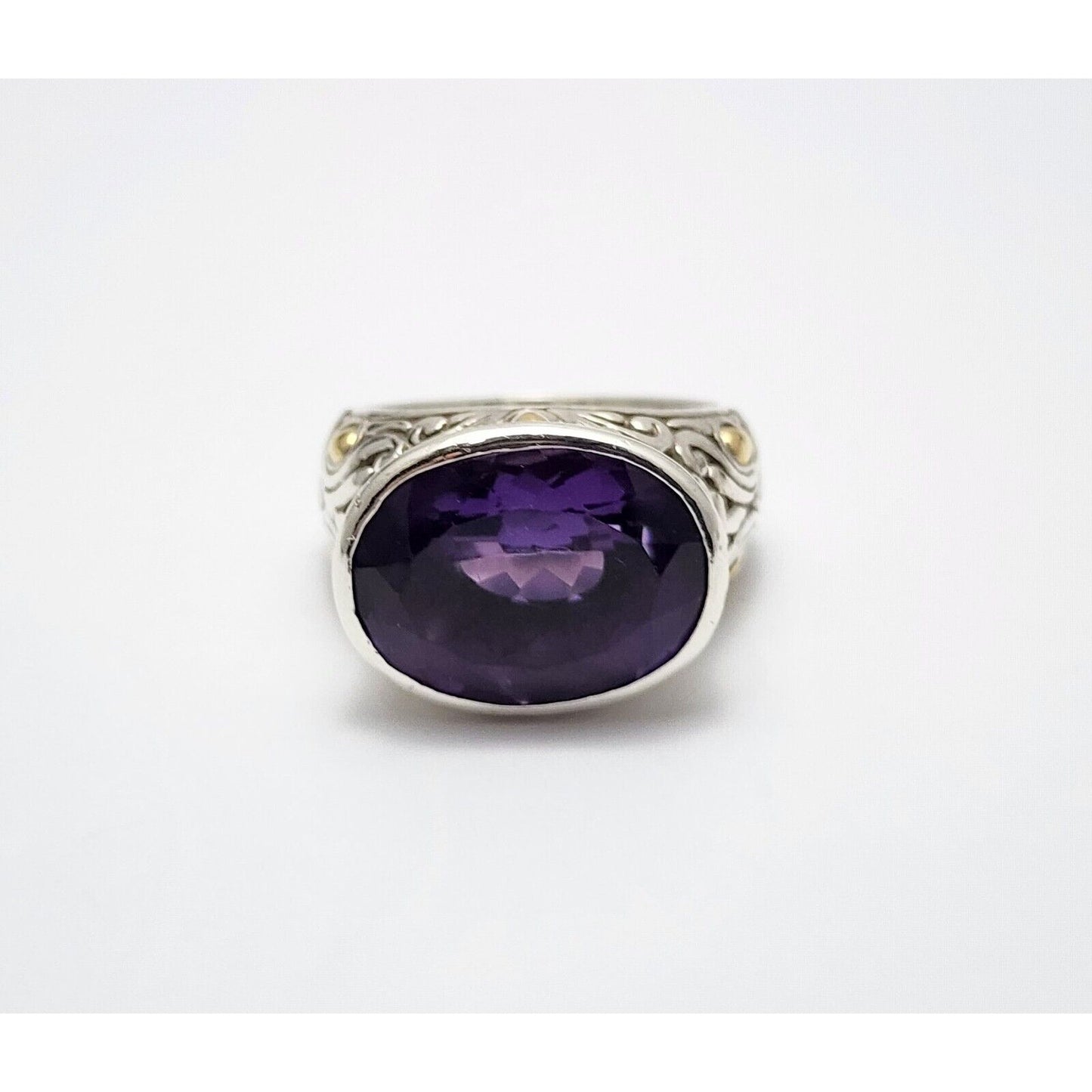 Sterling Silver 925 18K Yellow Gold Two Tone Multi Color Large Amethyst Ring