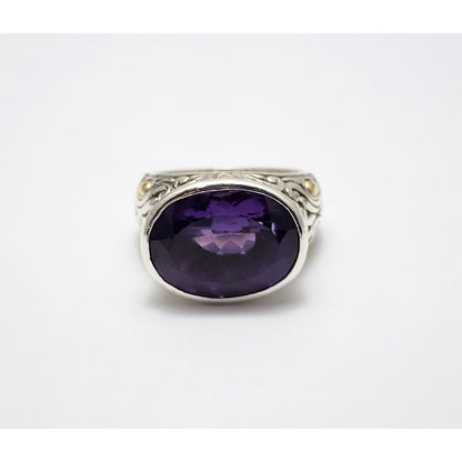 Sterling Silver 925 18K Yellow Gold Two Tone Multi Color Large Amethyst Ring