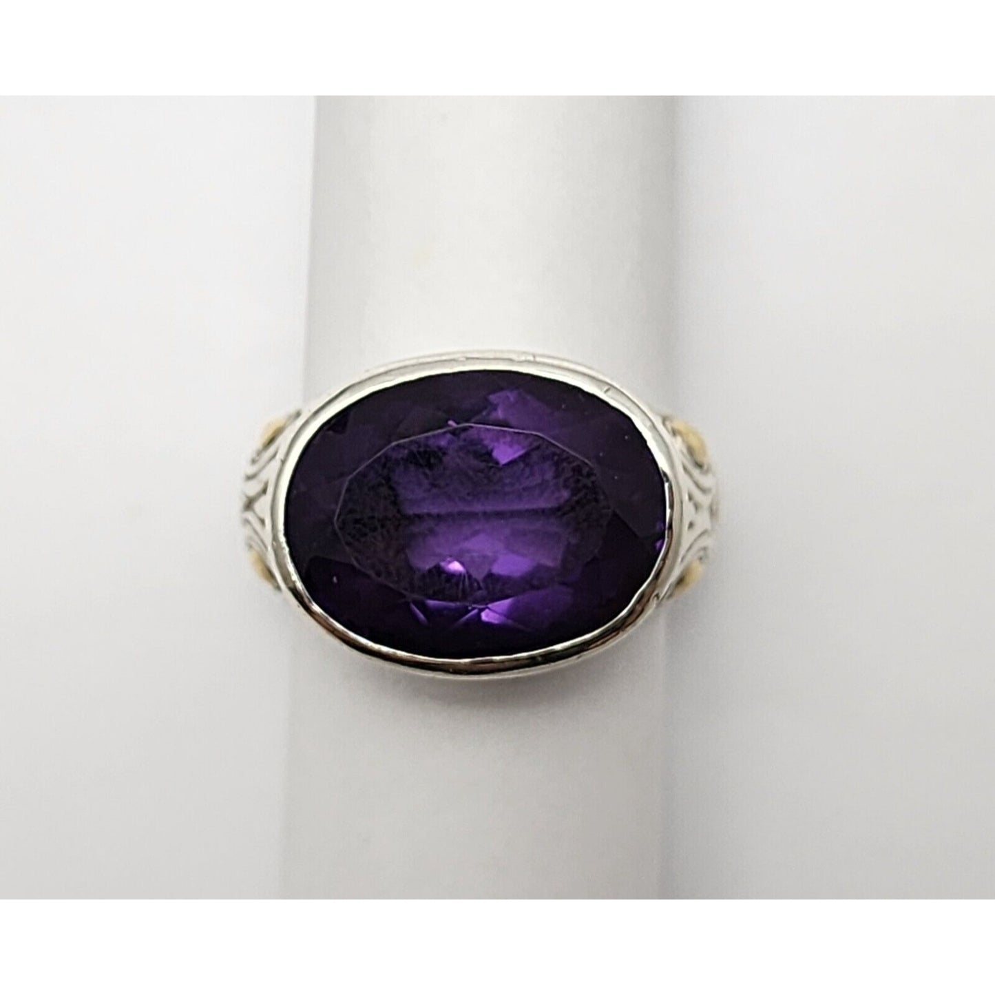 Sterling Silver 925 18K Yellow Gold Two Tone Multi Color Large Amethyst Ring