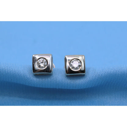 14K White Gold Round Cut Diamond Square Shaped Stud Screw Back Earrings