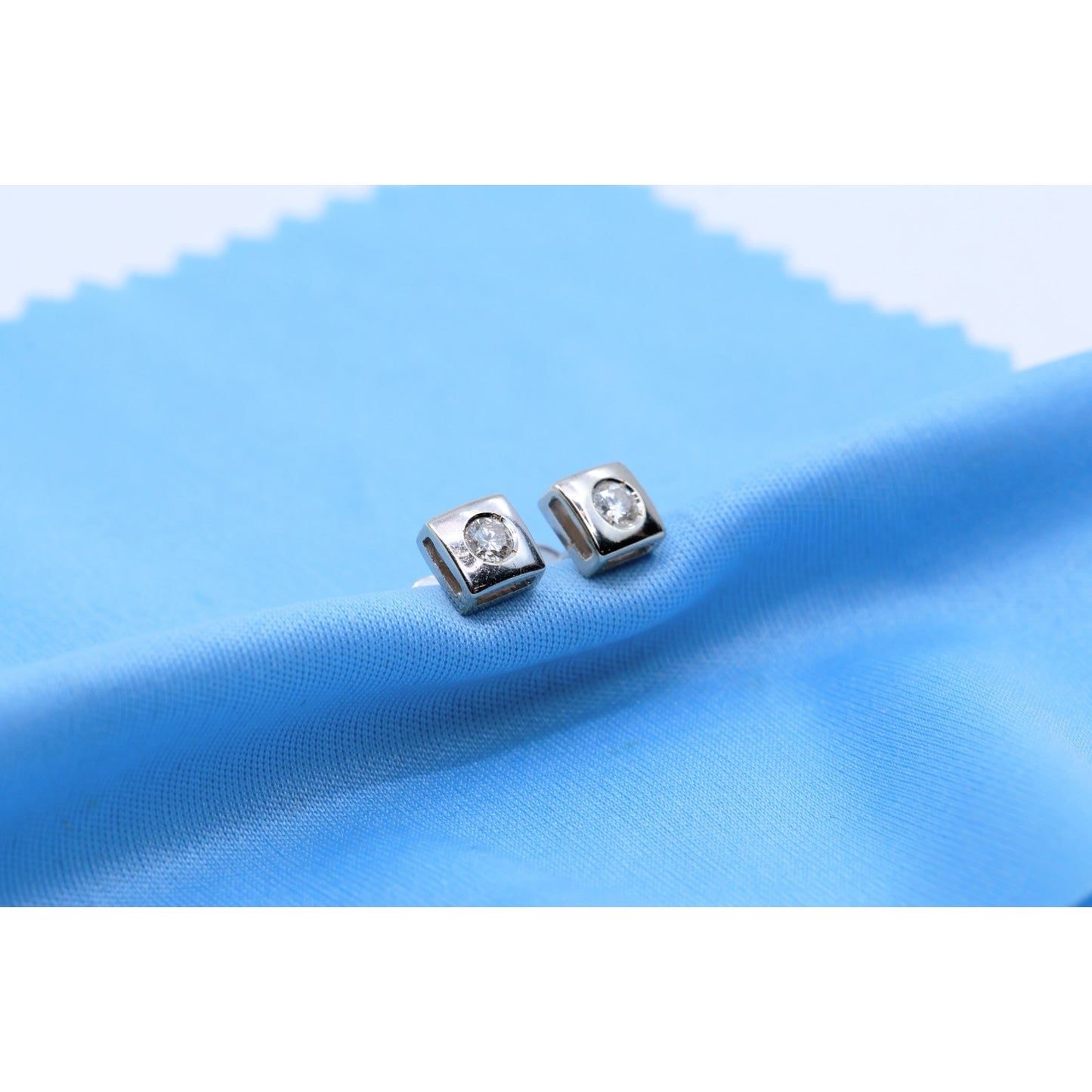 14K White Gold Round Cut Diamond Square Shaped Stud Screw Back Earrings