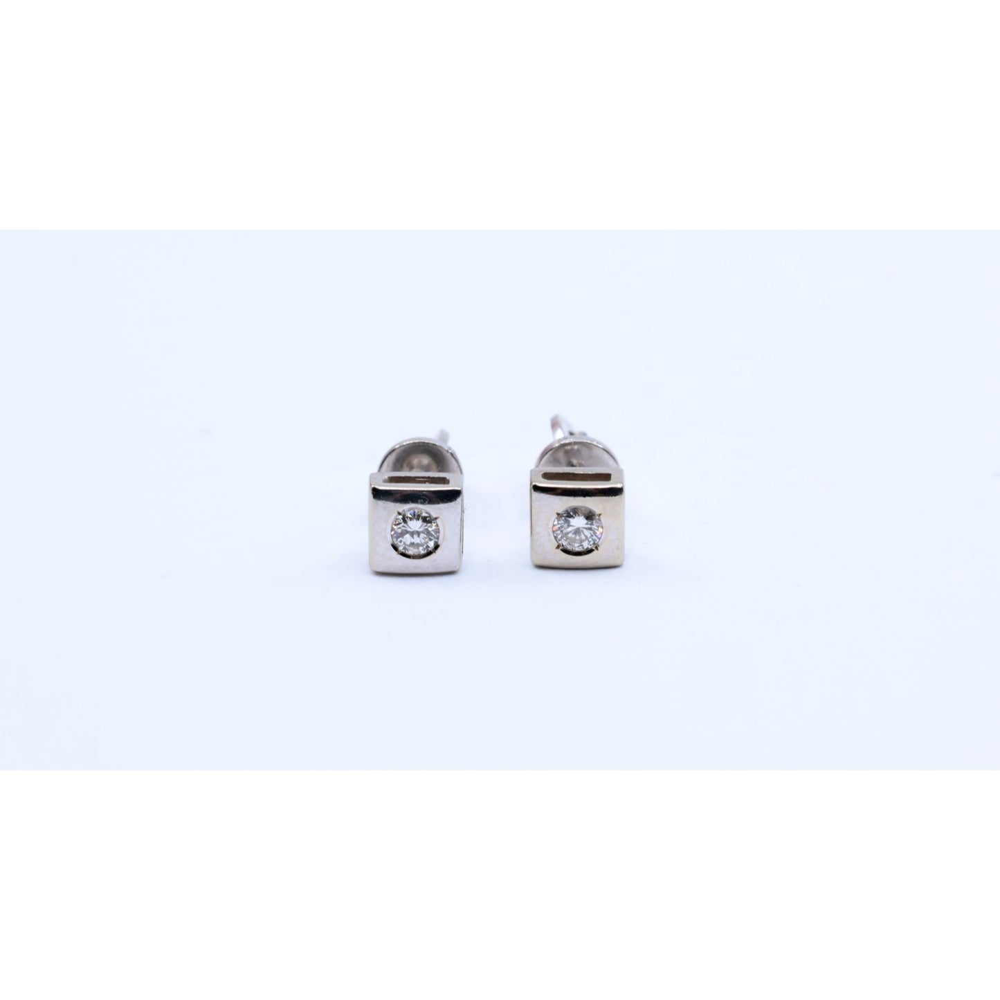14K White Gold Round Cut Diamond Square Shaped Stud Screw Back Earrings