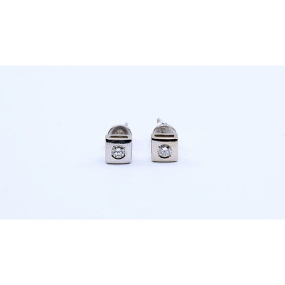 14K White Gold Round Cut Diamond Square Shaped Stud Screw Back Earrings