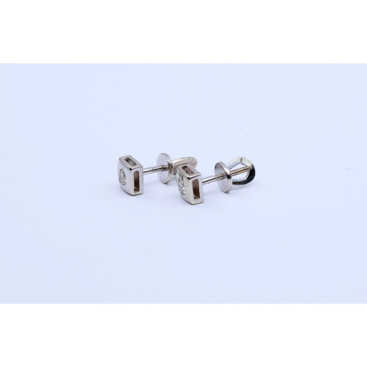 14K White Gold Round Cut Diamond Square Shaped Stud Screw Back Earrings