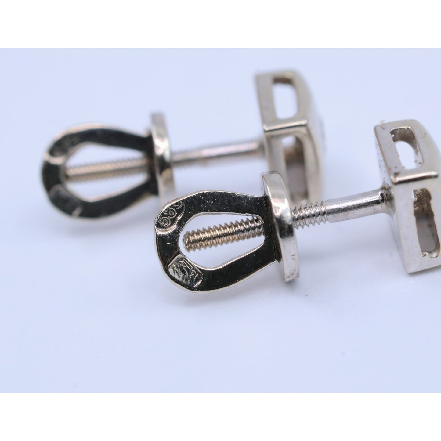 14K White Gold Round Cut Diamond Square Shaped Stud Screw Back Earrings