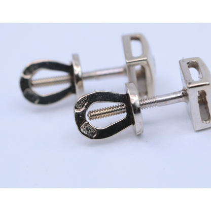 14K White Gold Round Cut Diamond Square Shaped Stud Screw Back Earrings