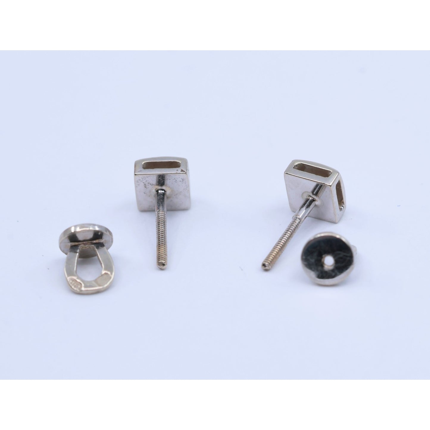 14K White Gold Round Cut Diamond Square Shaped Stud Screw Back Earrings