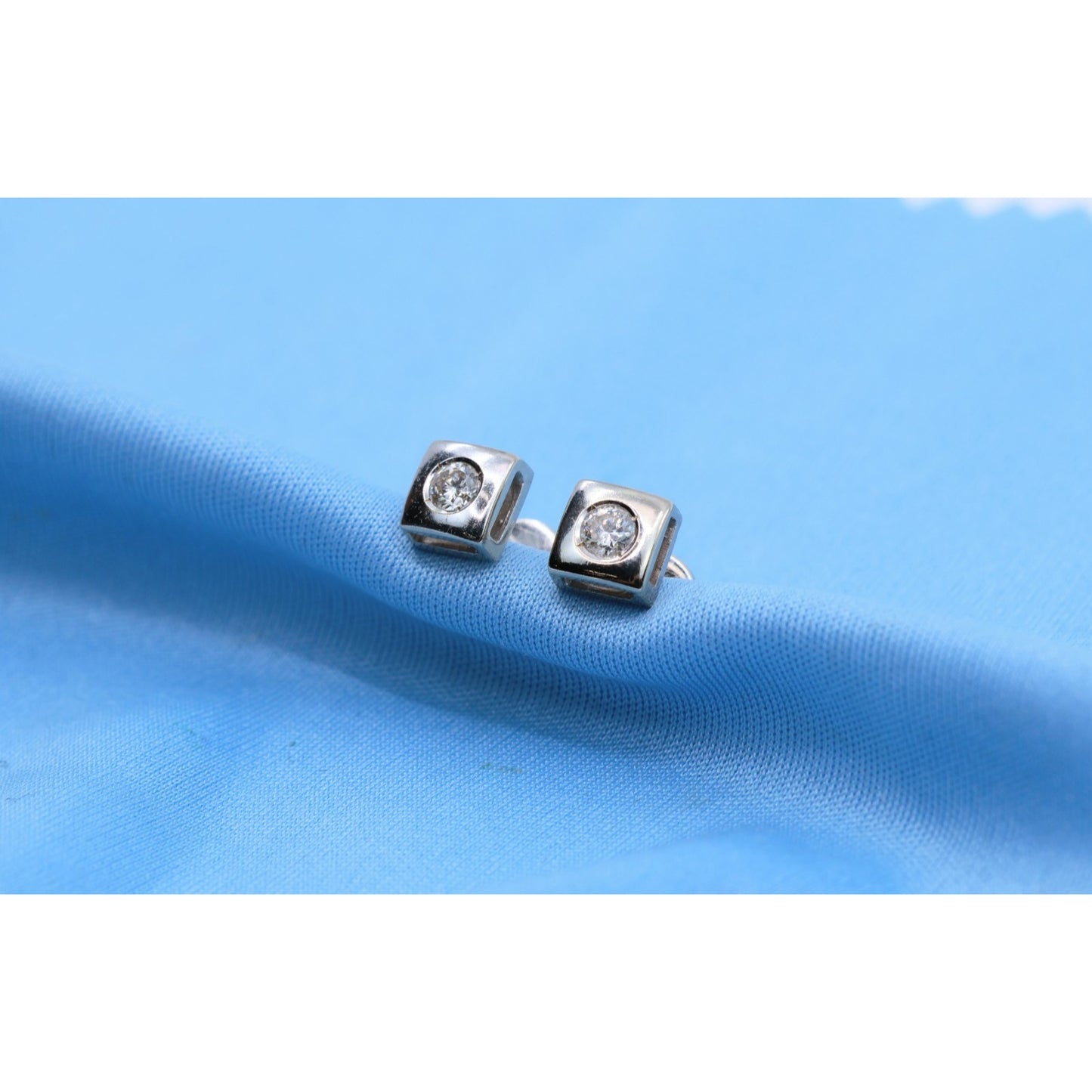 14K White Gold Round Cut Diamond Square Shaped Stud Screw Back Earrings