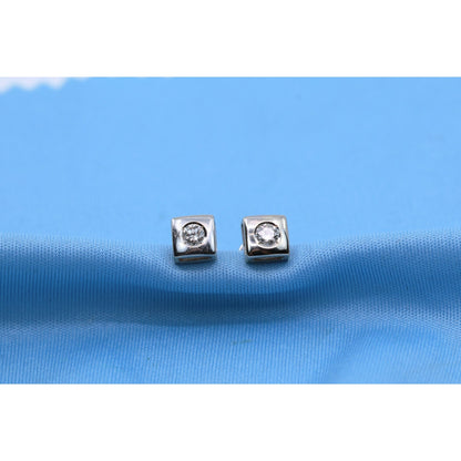 14K White Gold Round Cut Diamond Square Shaped Stud Screw Back Earrings