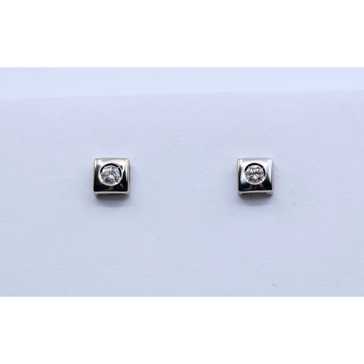 14K White Gold Round Cut Diamond Square Shaped Stud Screw Back Earrings