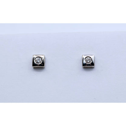 14K White Gold Round Cut Diamond Square Shaped Stud Screw Back Earrings
